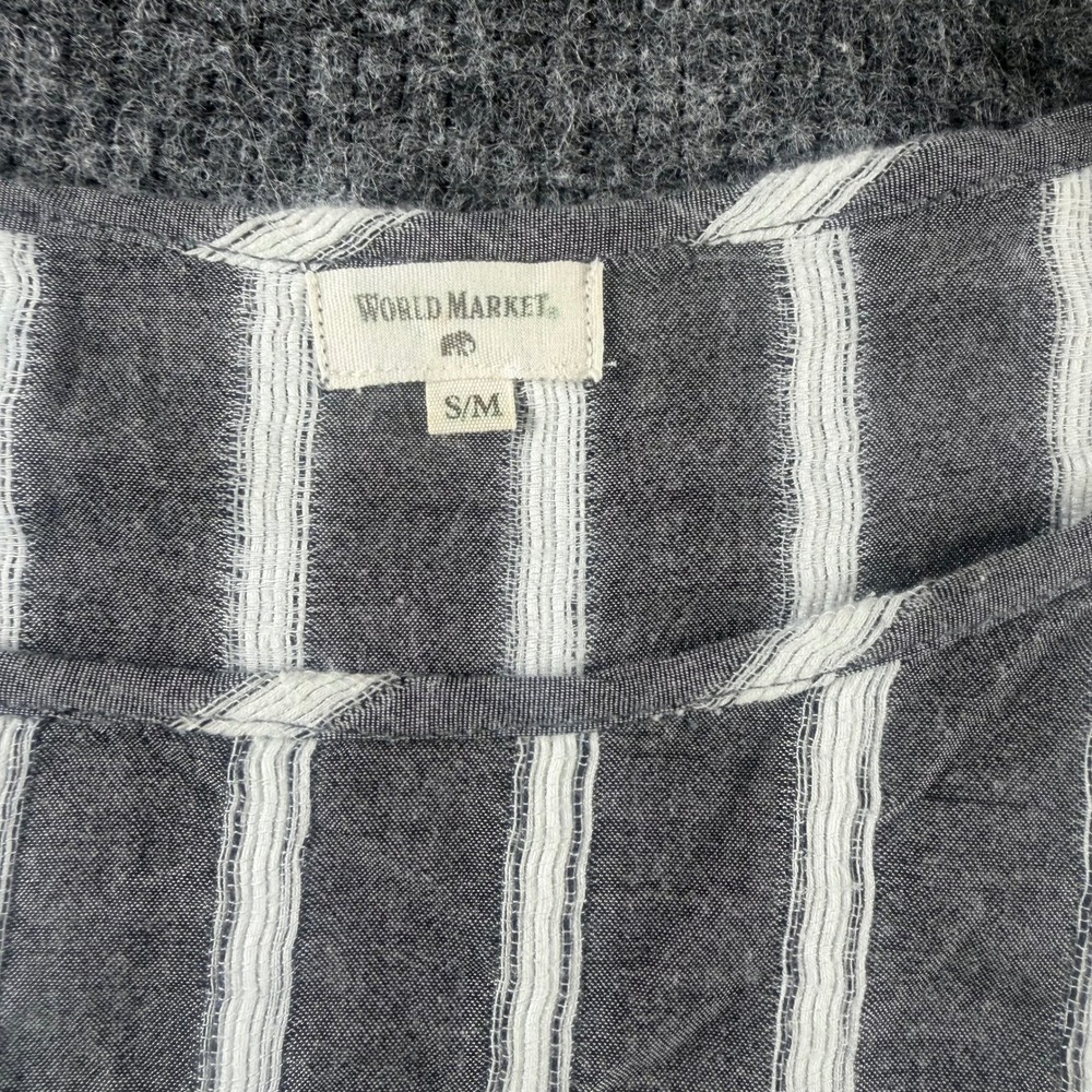 World Market Boho Striped Crochet Trim Peplum Top Grey White SM - Picture 3 of 8
